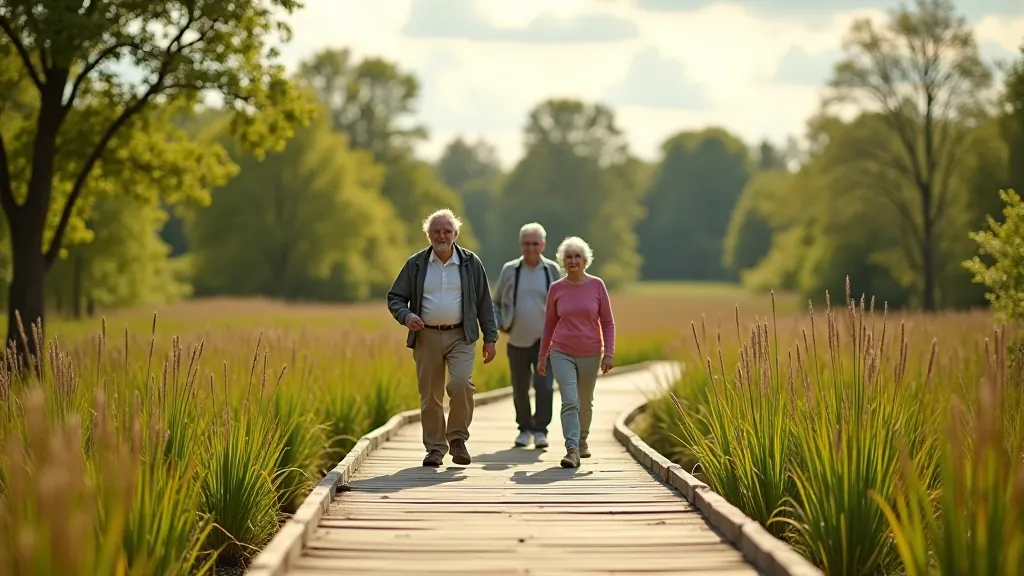 Seniori pārgājiena laikā Lubānas mitrāju tūrisma takas vidū