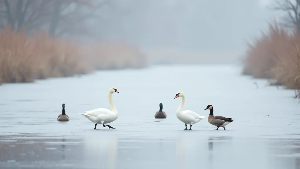 Ziemuļu putnu vērošana, gulbji un pīles uz ledaina ūdens, rudens un ziemas notikumi Lubānā